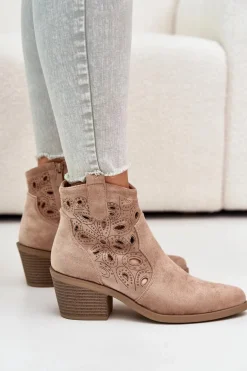 Damskie Zamszowe Ażurowe Botki Kowbojki Beżowe S.Barski HY42-086
