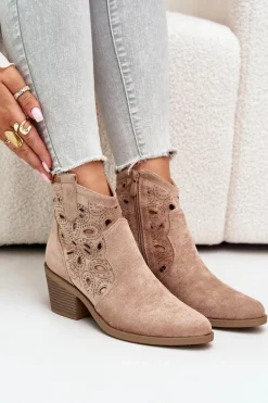 Damskie Zamszowe Ażurowe Botki Kowbojki Beżowe S.Barski HY42-086