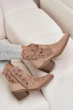 Damskie Zamszowe Ażurowe Botki Kowbojki Beżowe S.Barski HY42-086