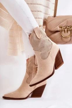 Damskie Zamszowe Ażurowe Botki Kowbojki Beżowe Eleonore