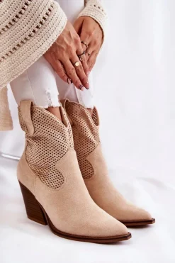 Damskie Zamszowe Ażurowe Botki Kowbojki Beżowe Eleonore