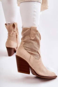 Damskie Zamszowe Ażurowe Botki Kowbojki Beżowe Eleonore