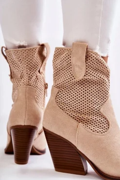 Damskie Zamszowe Ażurowe Botki Kowbojki Beżowe Eleonore