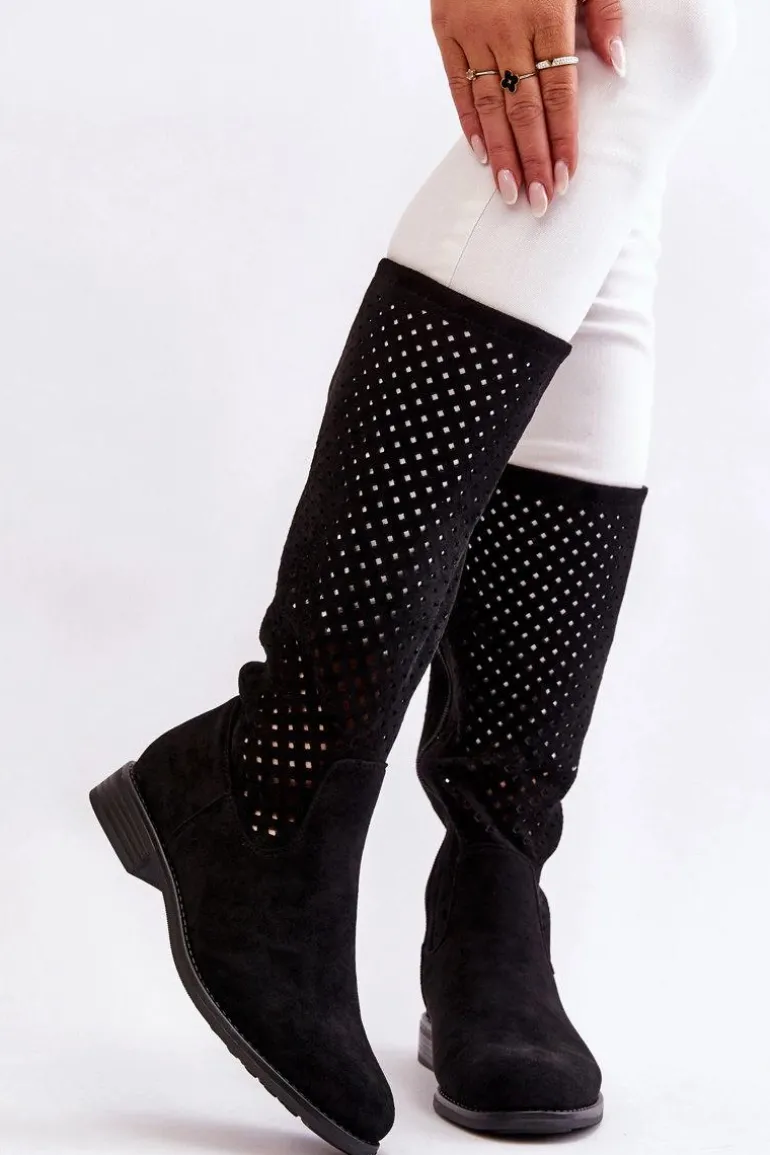 Damskie Zamszowe Ażurowe Kozaki Przed Kolano Czarne Savannah