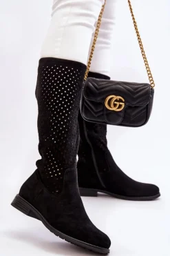 Damskie Zamszowe Ażurowe Kozaki Przed Kolano Czarne Savannah