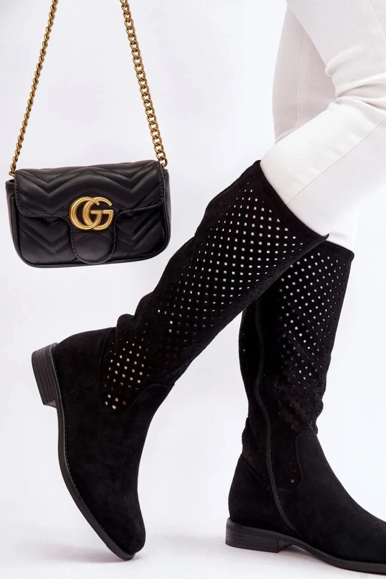 Damskie Zamszowe Ażurowe Kozaki Przed Kolano Czarne Savannah