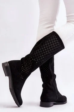 Damskie Zamszowe Ażurowe Kozaki Przed Kolano Czarne Savannah