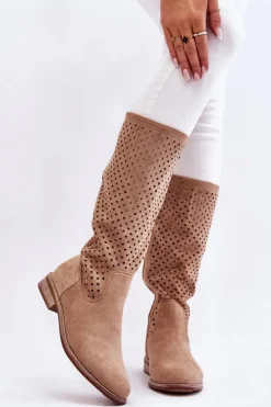 Damskie Zamszowe Ażurowe Kozaki Przed Kolano Beżowe Savannah