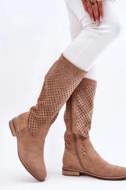 Damskie Zamszowe Ażurowe Kozaki Przed Kolano Beżowe Savannah