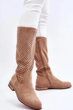 Damskie Zamszowe Ażurowe Kozaki Przed Kolano Beżowe Savannah