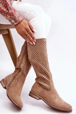 Damskie Zamszowe Ażurowe Kozaki Przed Kolano Beżowe Savannah
