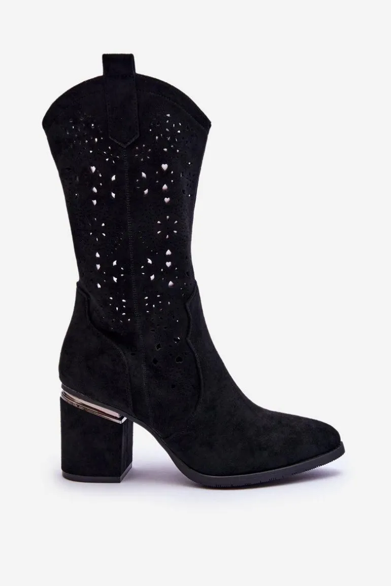 Damskie Zamszowe Ażurowe Kozaki Czarne Adelia