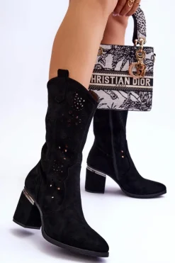 Damskie Zamszowe Ażurowe Kozaki Czarne Adelia