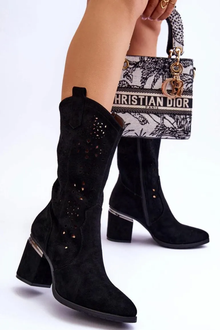 Damskie Zamszowe Ażurowe Kozaki Czarne Adelia