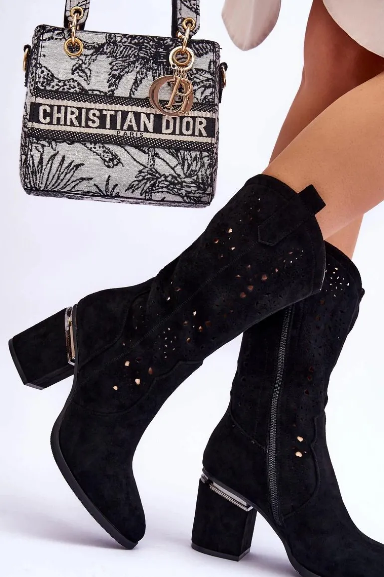 Damskie Zamszowe Ażurowe Kozaki Czarne Adelia