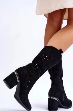 Damskie Zamszowe Ażurowe Kozaki Czarne Adelia