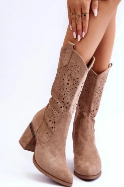 Damskie Zamszowe Ażurowe Kozaki Beżowe Adelia