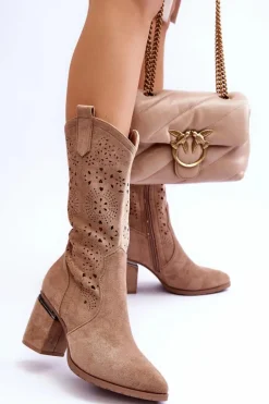 Damskie Zamszowe Ażurowe Kozaki Beżowe Adelia