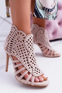 Damskie Zamszowe Beżowe Sandały na Szpilce Viviane