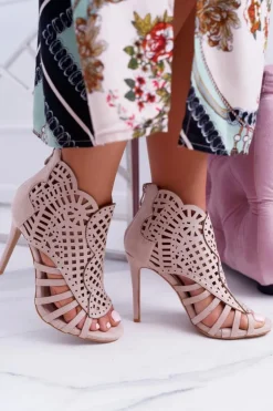 Damskie Zamszowe Beżowe Sandały na Szpilce Viviane