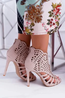 Damskie Zamszowe Beżowe Sandały na Szpilce Viviane