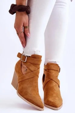 Damskie Zamszowe Botki Kowbojki Camel Dennise