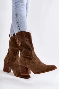 Damskie Zamszowe Botki Kowbojki W Kwiaty Khaki Ariane