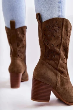 Damskie Zamszowe Botki Kowbojki W Kwiaty Khaki Ariane