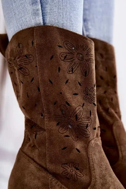 Damskie Zamszowe Botki Kowbojki W Kwiaty Khaki Ariane