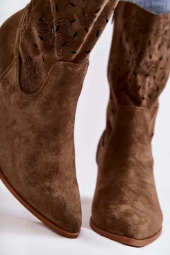 Damskie Zamszowe Botki Kowbojki W Kwiaty Khaki Ariane