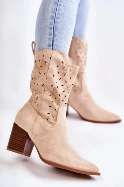 Damskie Zamszowe Botki Kowbojki W Kwiaty Beżowe Ariane