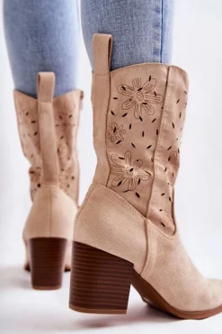 Damskie Zamszowe Botki Kowbojki W Kwiaty Beżowe Ariane