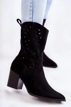 Damskie Zamszowe Botki Kowbojki W Kwiaty Czarne Ariane