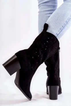 Damskie Zamszowe Botki Kowbojki W Kwiaty Czarne Ariane