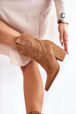 Damskie Zamszowe Botki Kowbojki Camel Mindy