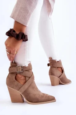 Damskie Zamszowe Botki Kowbojki Ciemnobeżowe Dennise