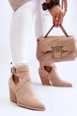 Damskie Zamszowe Botki Kowbojki Beżowe Dennise