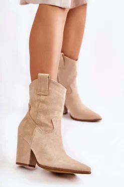Damskie Zamszowe Botki Kowbojki Beżowe Mindy