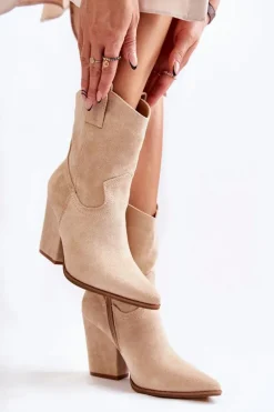 Damskie Zamszowe Botki Kowbojki Beżowe Mindy