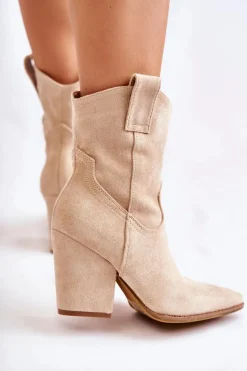 Damskie Zamszowe Botki Kowbojki Beżowe Mindy