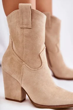 Damskie Zamszowe Botki Kowbojki Beżowe Mindy