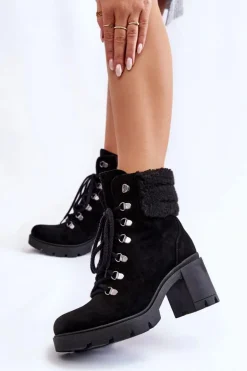 Damskie Zamszowe Botki Na Słupku Czarne Lemar Avely