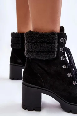 Damskie Zamszowe Botki Na Słupku Czarne Lemar Avely