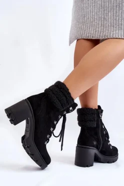 Damskie Zamszowe Botki Na Słupku Czarne Lemar Avely