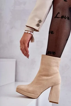 Damskie Zamszowe Botki Na Obcasie Jasnobeżowe Ramira