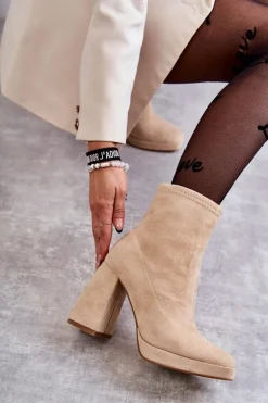 Damskie Zamszowe Botki Na Obcasie Jasnobeżowe Ramira