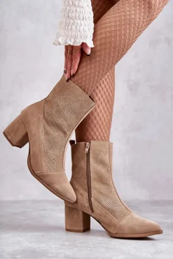 Damskie Zamszowe Botki Na Obcasie Nicole 2757 Beżowe