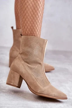 Damskie Zamszowe Botki Na Obcasie Nicole 2757 Beżowe