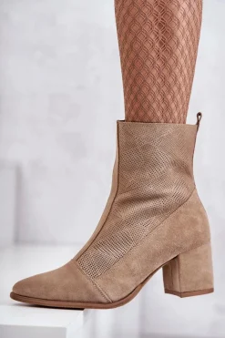 Damskie Zamszowe Botki Na Obcasie Nicole 2757 Beżowe