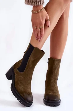 Damskie Zamszowe Botki Na Suwak Khaki Liris